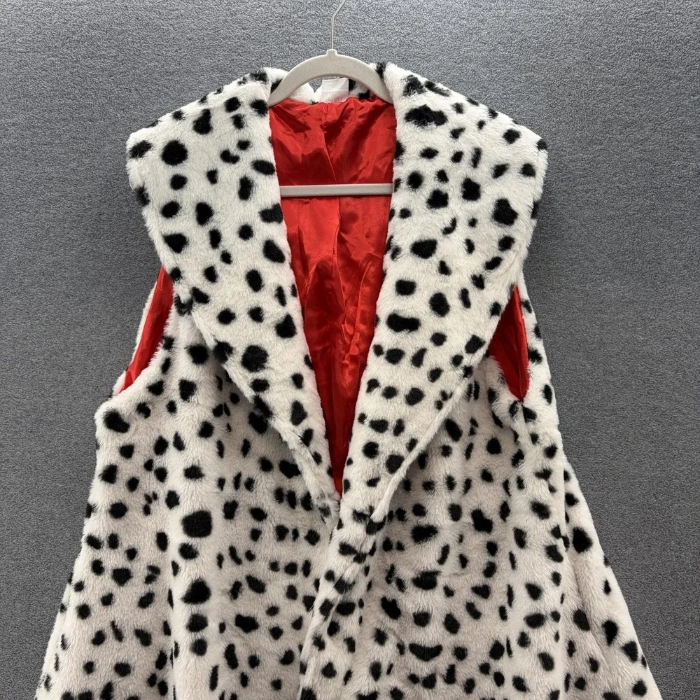 Disney Cruella Vest Womens L or XL White Dalmatian Faux Fur Hooded Long Costume